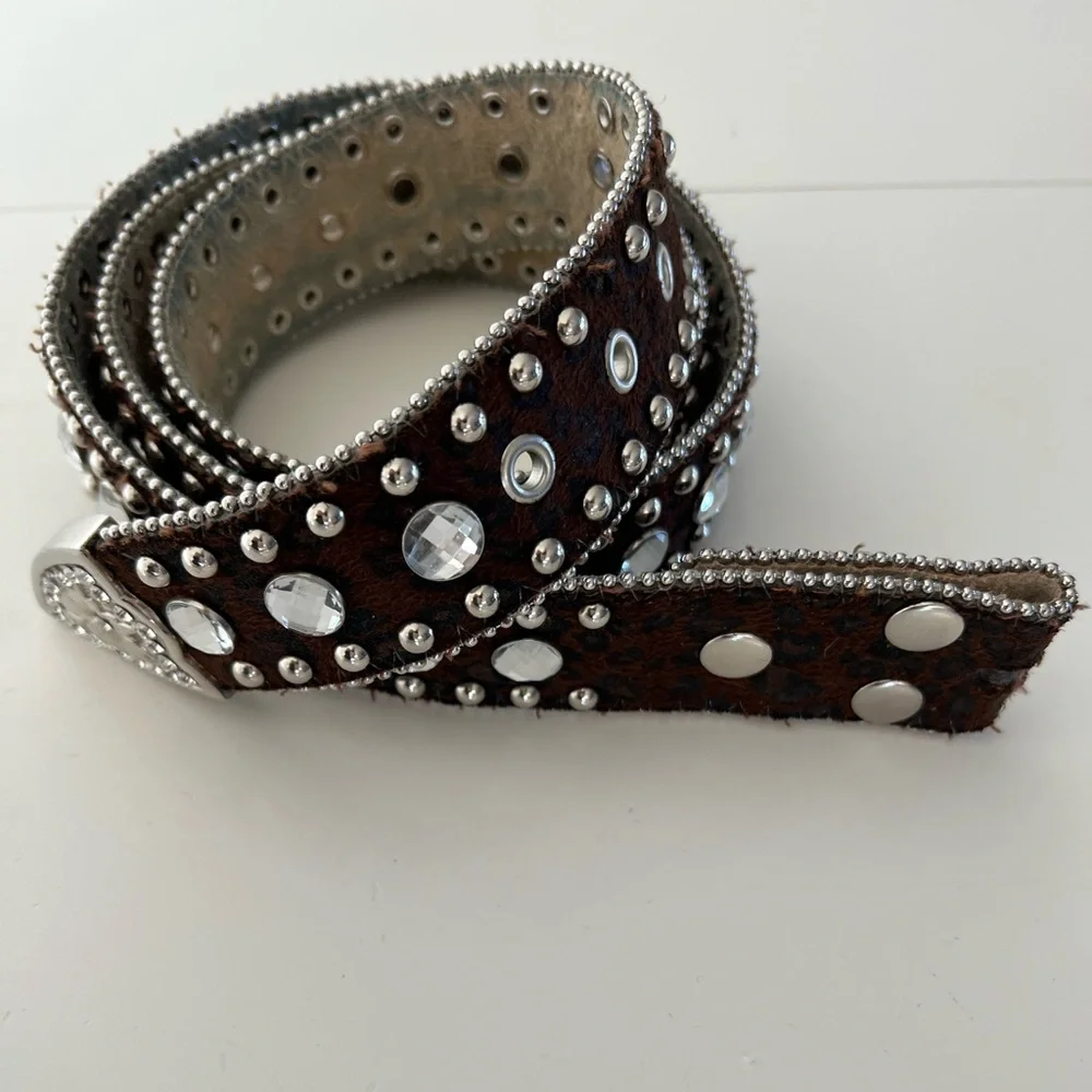 Leather Leopard‎ Print Rhinestone Silver Metal Western Studded Belt